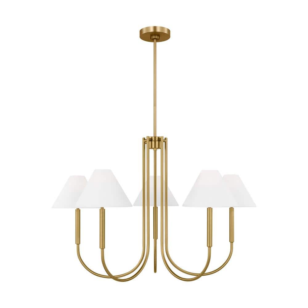 Satin Brass 6-Light Chandelier with White Linen Shades