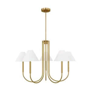 Porteau 6-Light Satin Brass Large Chandelier with White Linen Fabric Shades