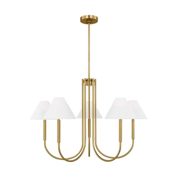 SCOTT LIVING Porteau 6-Light Satin Brass Large Chandelier with White Linen Fabric Shades
