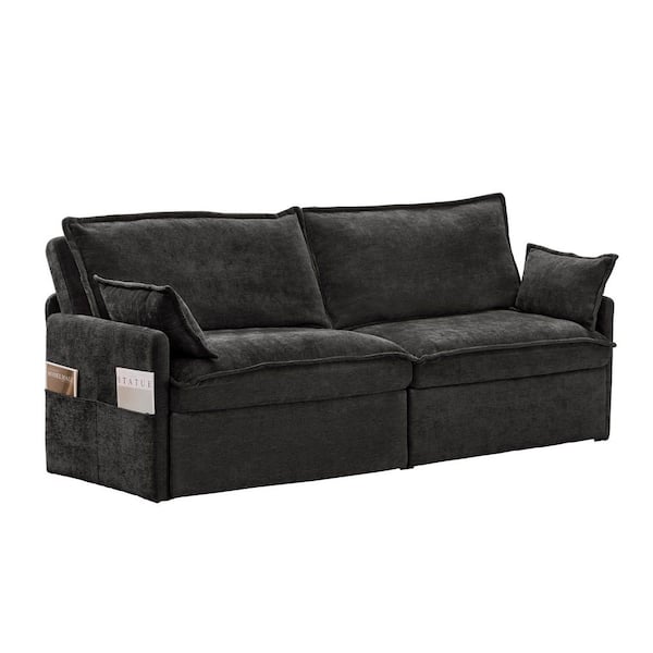 Black 73.6 in. Chenille Convertible Queen Size Sleeper Sofa Bed Couch with Side Storage, and USB/C-TYPE Charging Ports