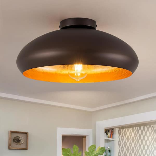LLHZSY 15.74 in. 1-Light Industrial Oil Rubbed Bronze Flush Mount Ceiling Light with Dome Metal Shade