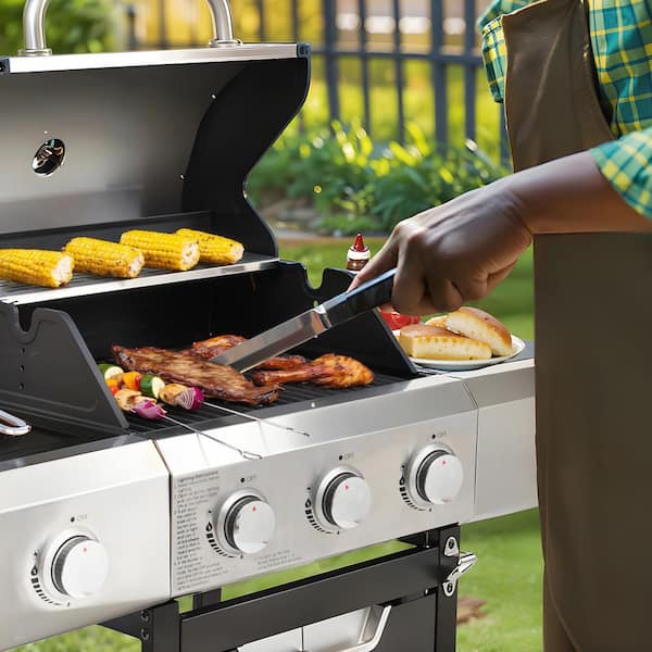 3-Burner Propane Gas Grill in Stainless Steel with Side Burner, Condiment Rack and Built-in Thermometer with Grill Cover