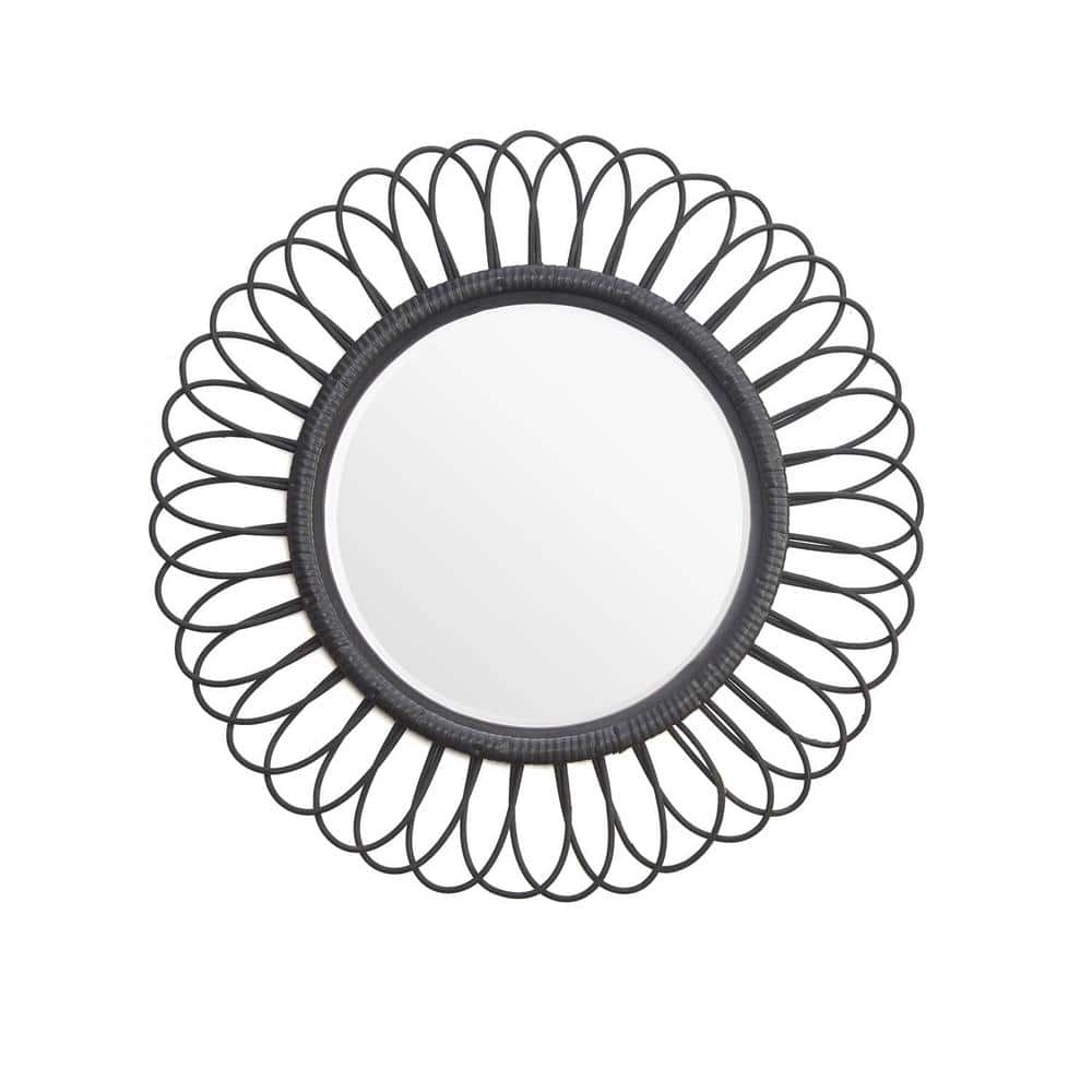 Flower Petal 31.5 in. H x 31.5 in. W Round Rattan Black Framed Wall Mirror