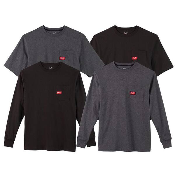 Mens Medium Black and Gray Heavy-Duty Cotton/Polyester Long-Sleeve and Short-Sleeve Pocket T-Shirt (4-Pack)