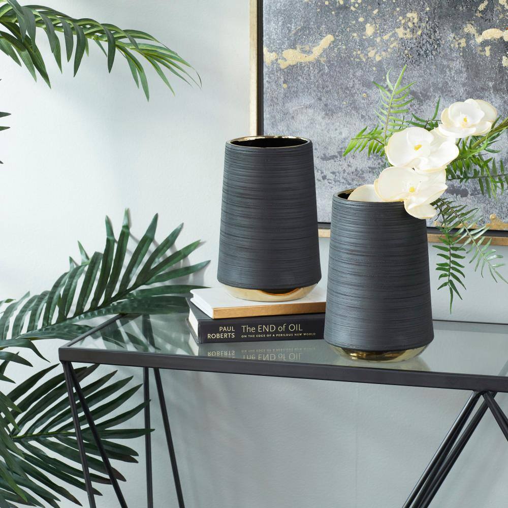 Matte Black Porcelain Vase with Gold Trim Accents 9"x12"