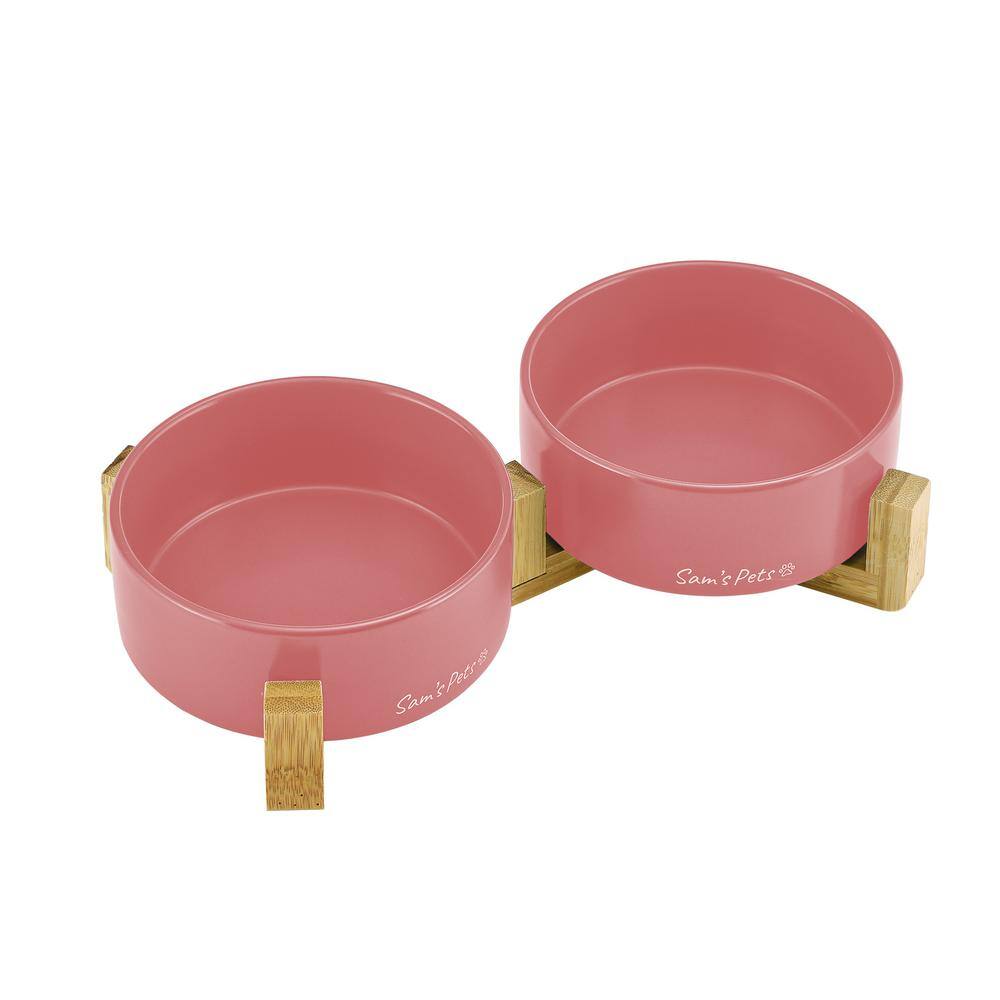 Pink Ceramic Dual Pet Bowl with Wooden Stand