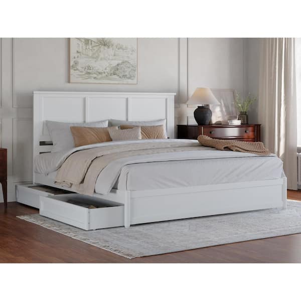 Felicity White Solid Wood Frame King Platform Bed with Panel Footboard and Storage Drawers