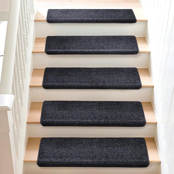 Bullnose Black 9.5 in. x 30 in. x 1.2 in. Polypropylene Carpet Stair Tread Cover Indoor Mat Self Adhensive Set of 12
