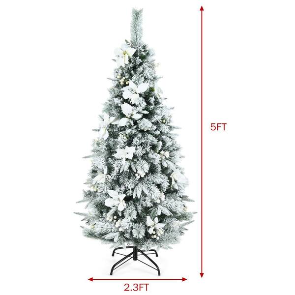 Gymax 5 Ft. Snow Flocked Pencil Artificial Christmas Tree With White Berries And Flowers Gym07899