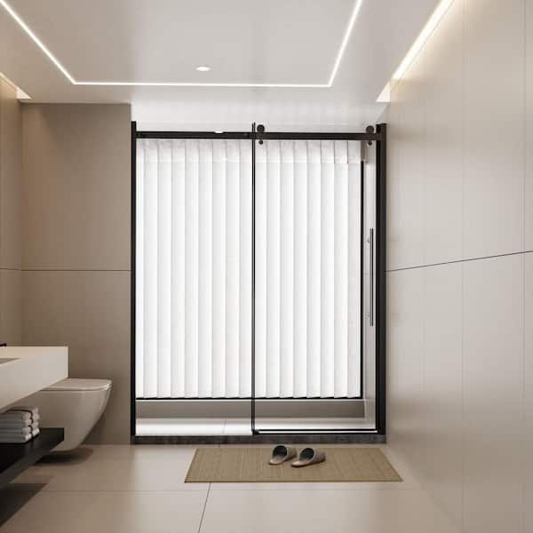 60 in. W x 72 in. H Sliding Semi-Frameless Shower Door with Zinc Roller Rail System, 1/4 in. Clear Tempered Glass, Black