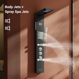 55 in. 6-Jet LED Rainfall Mist Shower Panel System with Adjustable Massage Jets and Waterfall Tub Spout in Matte Black