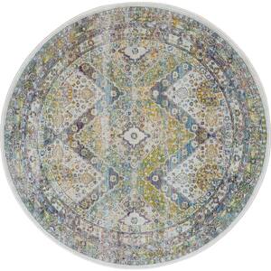 Global Vintage Blue/Green 4 ft. x 4 ft. Oriental Traditional Round Area Rug