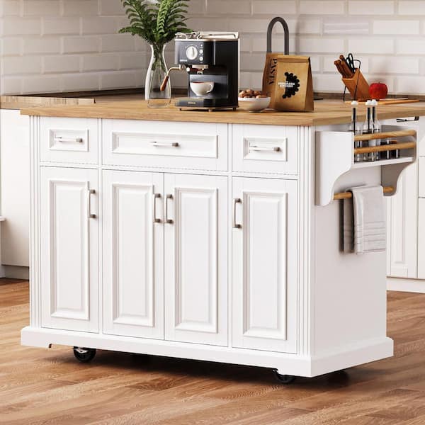 Ziyudura Rolling White Drop Leaf Wood Top 54 in. Kitchen Island Cart with Adjustable Shelves, Hidden Wheels, Soft Close Hinges
