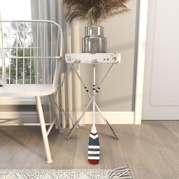 Litton Lane 16 in. White Ship Wheel Top Large Round Metal End Accent Table with Oar Shaped Legs
