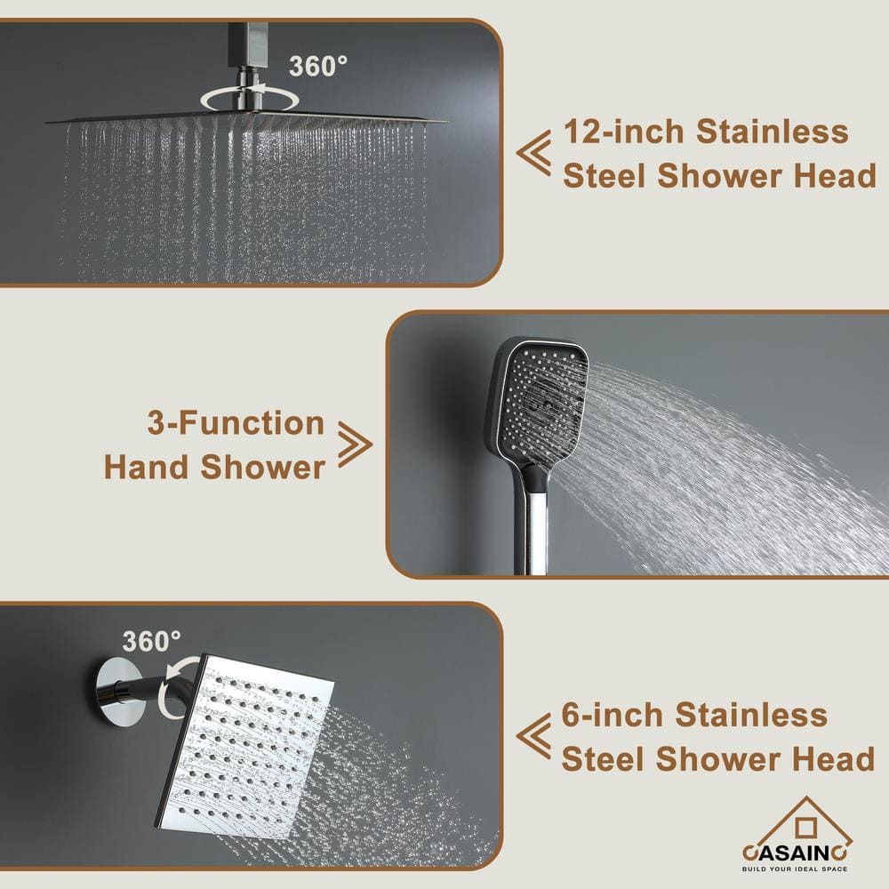 Chrome 12-Inch Dual Shower Head Thermostatic System with Handheld