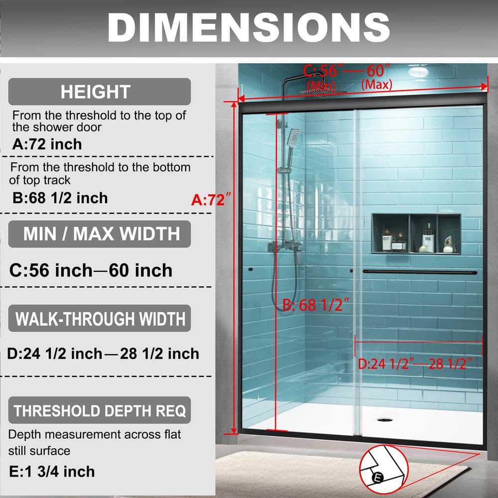 Matte Black Semi-Frameless Sliding Shower Door with Clear Glass