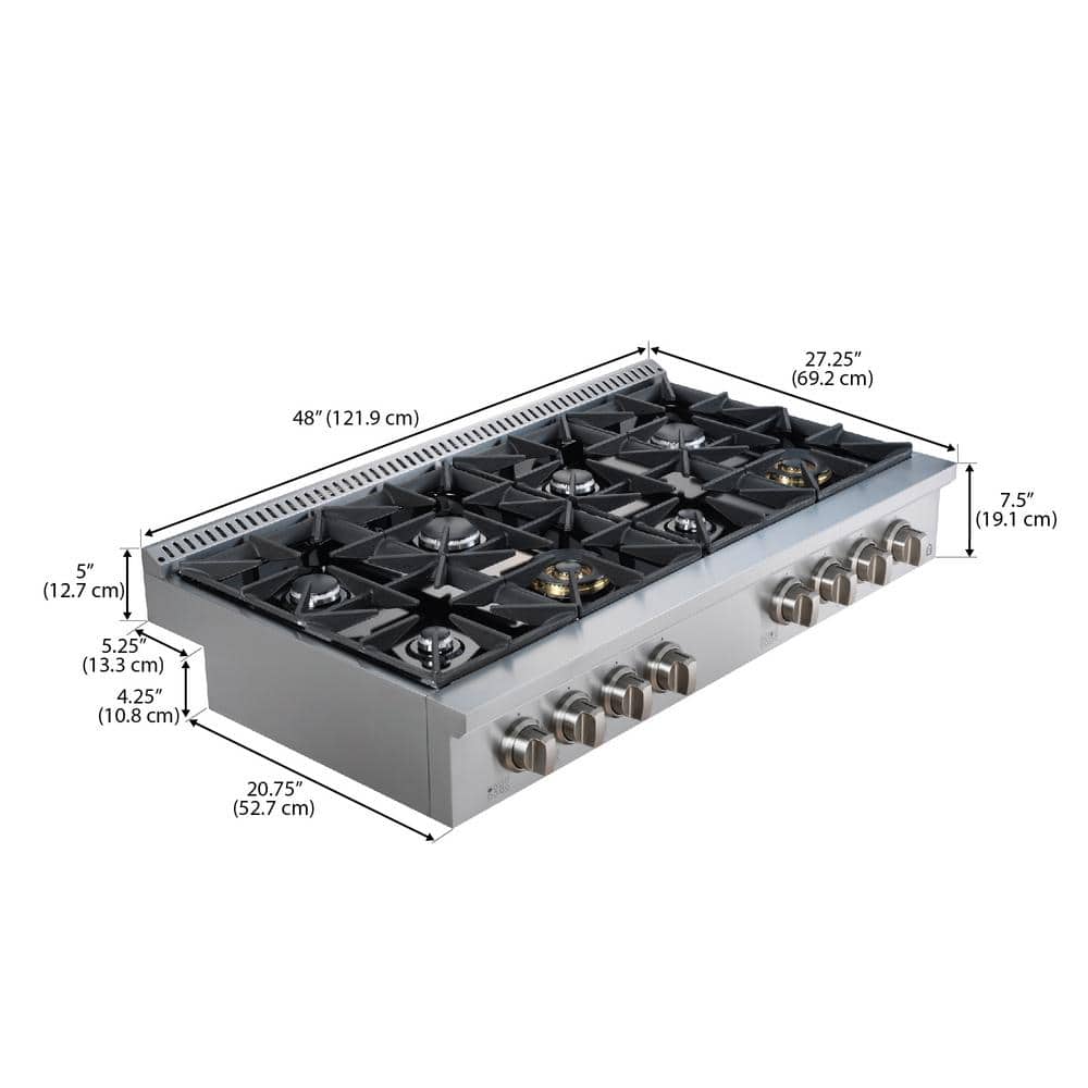 48" Stainless Steel 8-Burner Gas Cooktop with Cast Iron Grates