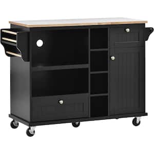 Black Wood 50.80 in. Kitchen Island with Storage Cabinet and Drawers
