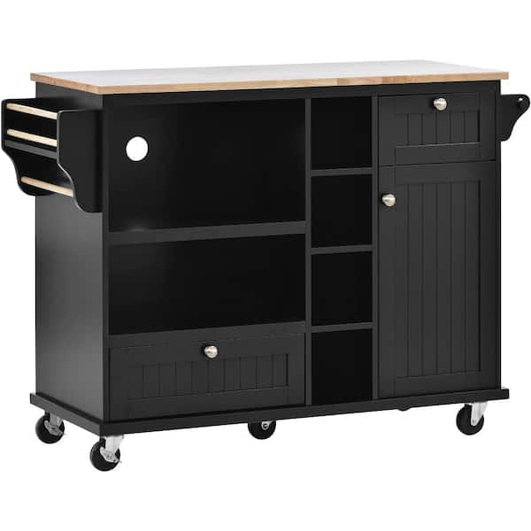 Black Wood 50.80 in. Kitchen Island with Storage Cabinet and Drawers ...