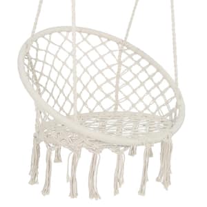 24 in. 1-Person White Cotton Rope Metal Patio Swing Chair