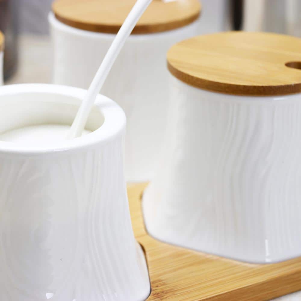White Ceramic Spice Jar Set with Bamboo Lids and Tray