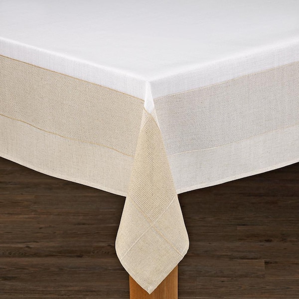 Lintex Bohemia 60 in. x 120 in. White/Natural 100% Polyester Tablecloth