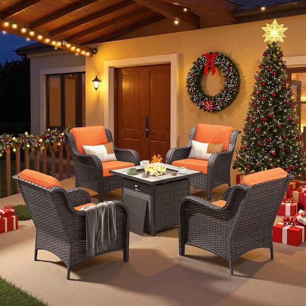 Clario Best 5-Piece PE Wicker Patio Furniture Set with Fire Pit, Orange Red Cushions for All-Weather for Deck, Backyard