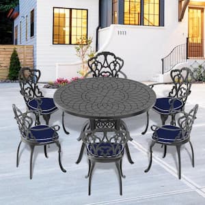 Black 7-Piece Cast Aluminum Outdoor Dining Set, Patio Furniture with 47.24 in. Round Table and Random Color Cushions