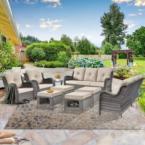 Gray 9-Piece Wicker Patio Conversation Sofa Seating Set Swivel Chairs with Beige Cushions and Ottomans