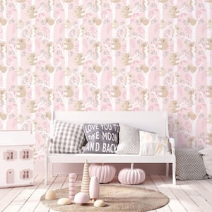 Tiny Tots 2-Collection Pink/Grey/White Glitter Finish Kids Koala Bear Theme Non-Woven Paper Wallpaper Roll