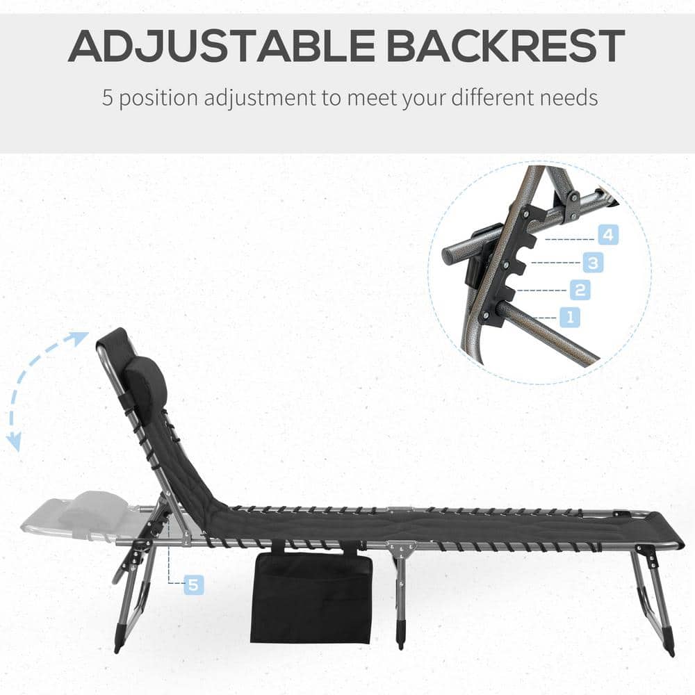 Black Padded Folding Armless Outdoor Chaise Lounge Chair