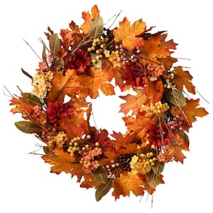 24 in. Artificial Harvest Wreath with Pine Cones and Maple Leaves