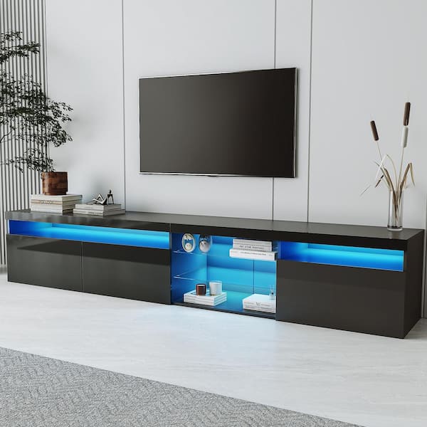 Nestfair 94.5 in. Black TV Cabinet TV Stand Fits TVs up to 100 in. with 2 Glass Shelves and LED Lights
