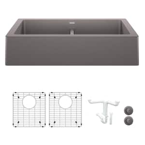 Vintera 33 in. Farmhouse/Apron-Front Double Bowl Metallic Gray Granite Composite Kitchen Sink Kit with Accessories