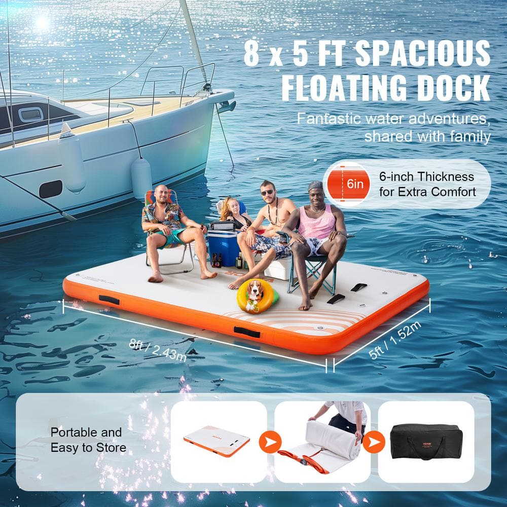 VEVOR 8 x 5FT Orange Inflatable Floating Dock with Ladder