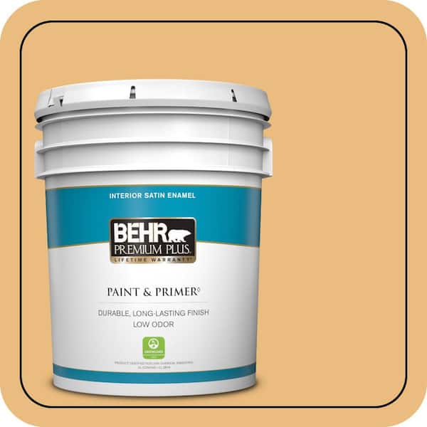 BEHR PREMIUM PLUS 5 gal. #310D-4 Gold Buff Satin Enamel Low Odor Interior Paint & Primer