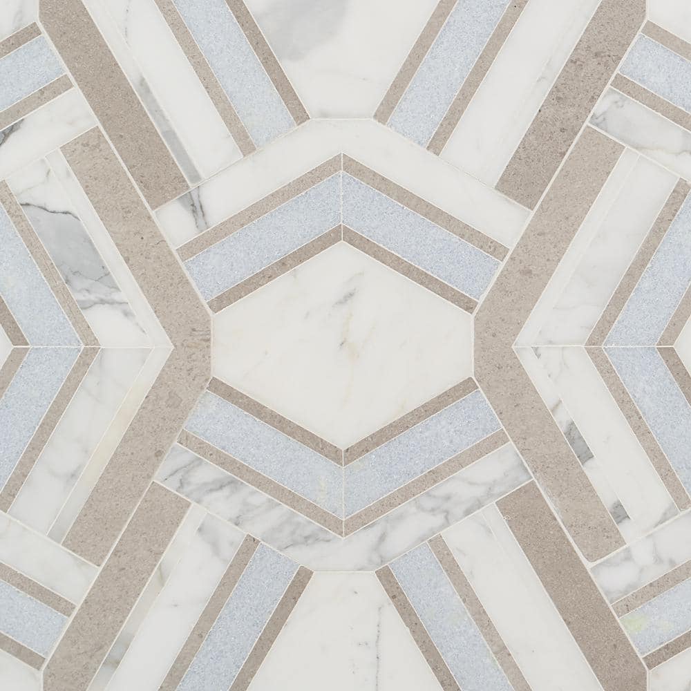 Cream and Blue Geometric Polished Marble Mosaic Tile 11x18