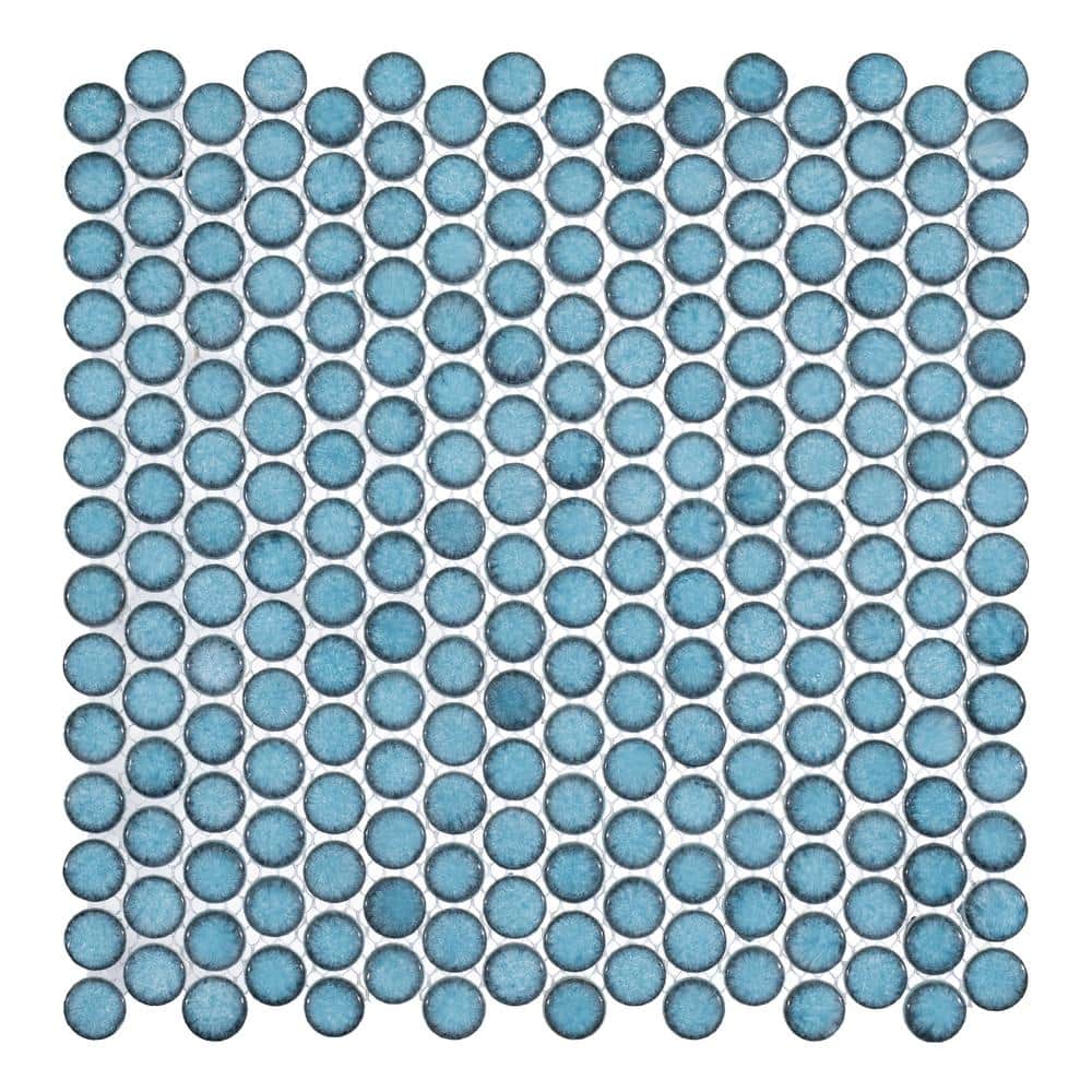 Honoro Bulbi Deusen Blue Glossy 11-15/16 in. x 12-1/8 in. Penny Round Smoot