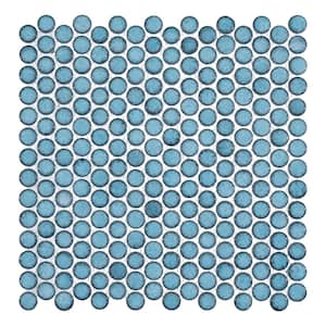Honoro Bulbi Deusen Blue Glossy 11-15/16 in. x 12-1/8 in. Penny Round Smooth Glass Mosaic Wall Tile (10 sq. ft./Case)