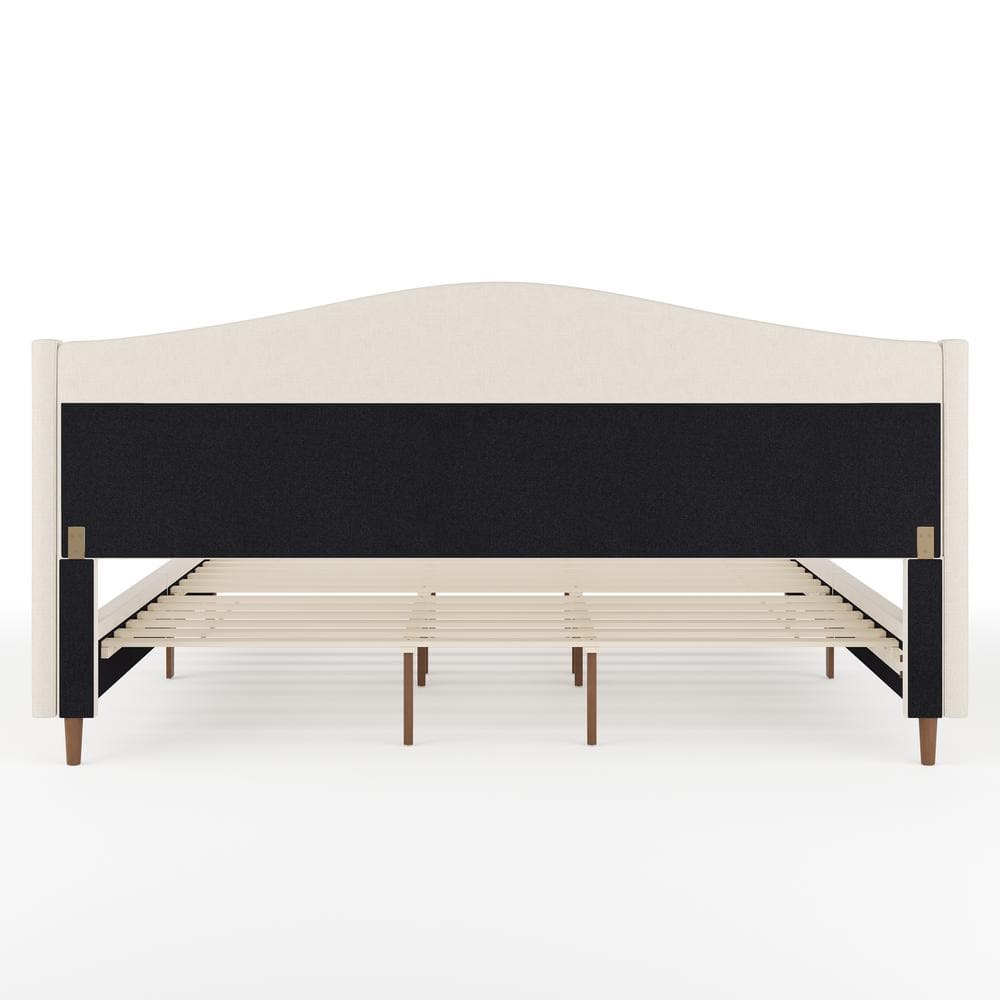 King Beige Linen Upholstered Platform Bed with Wood Frame