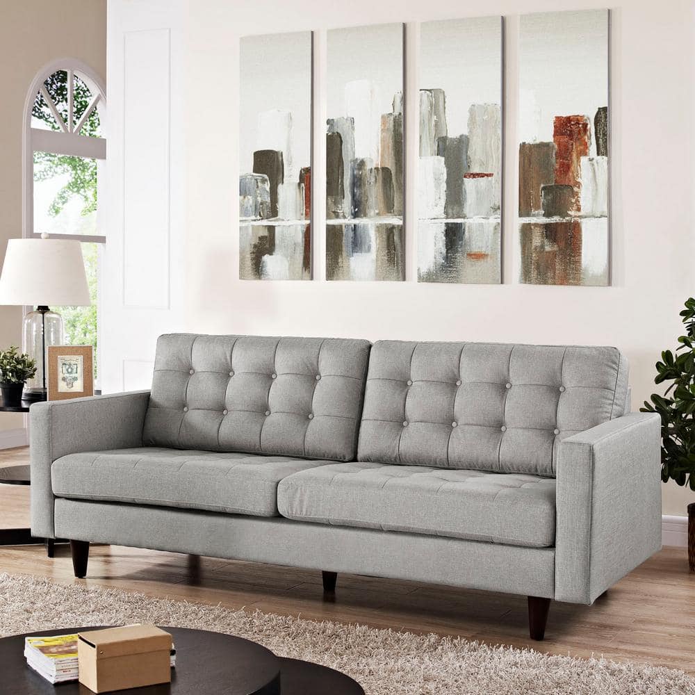 Light Gray Tufted Fabric Sofa with Wood Legs