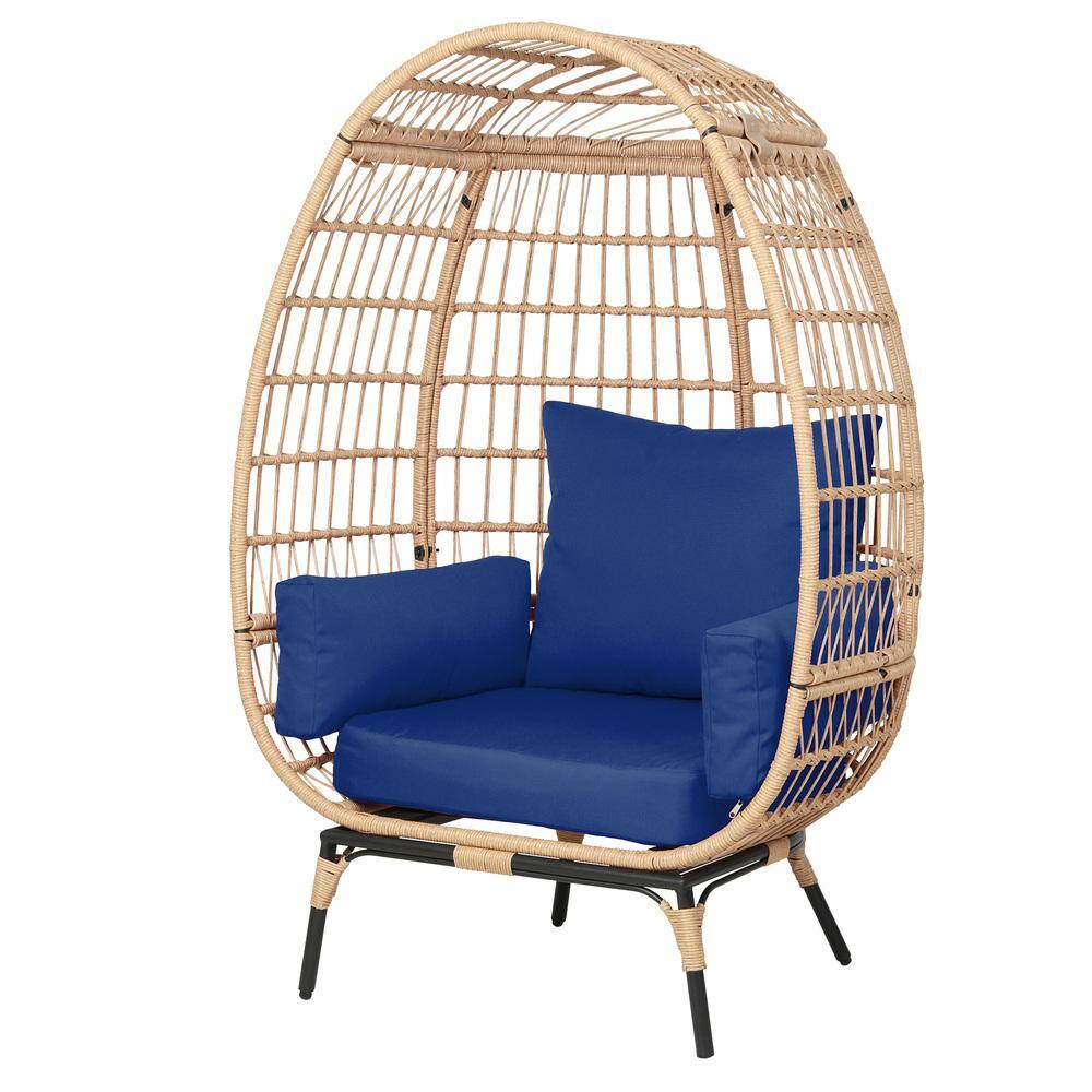 PATIOGUARDER Pato Beige Wicker Egg Chair with Removable Soft Navy Blue ...