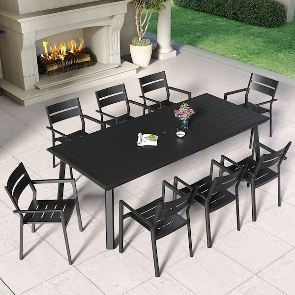 Pellebant 9-Piece Aluminum Metal Rectangle Patio Outdoor Dining Set in Black with Umbrella Hole and Stackable Arms Chairs