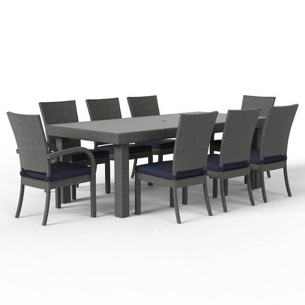 9-Piece Brown Wicker Outdoor Dining Set with Navy Blue Cushions, Rectangular Table with PS Wood Top, Seats 8