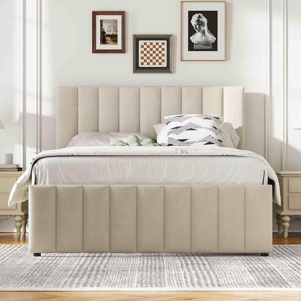 Beige Wood Frame Full Size Platform Bed with Twin Size Trundle and (3-Drawers)