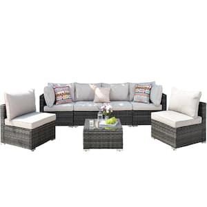 Wilkins Grand Gray 7-Piece Wicker Outdoor Patio Conversation Sectional Sofa Seating Set with Beige Cushions