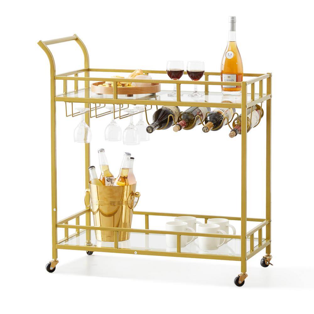 Kitchen Cart Gold, 3 Tiers Home Bar Serving Cart on Lockable Wheels, Rolling Alcohol Cart with Tempered Glass Shelves