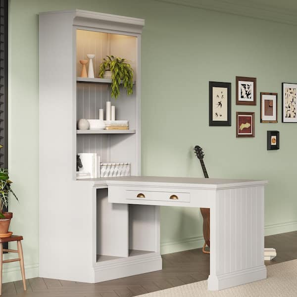 83.4 in. Tall White Wood 3-Shelf Standard Bookcase with Writing Desk, Drawer and LED Lighting