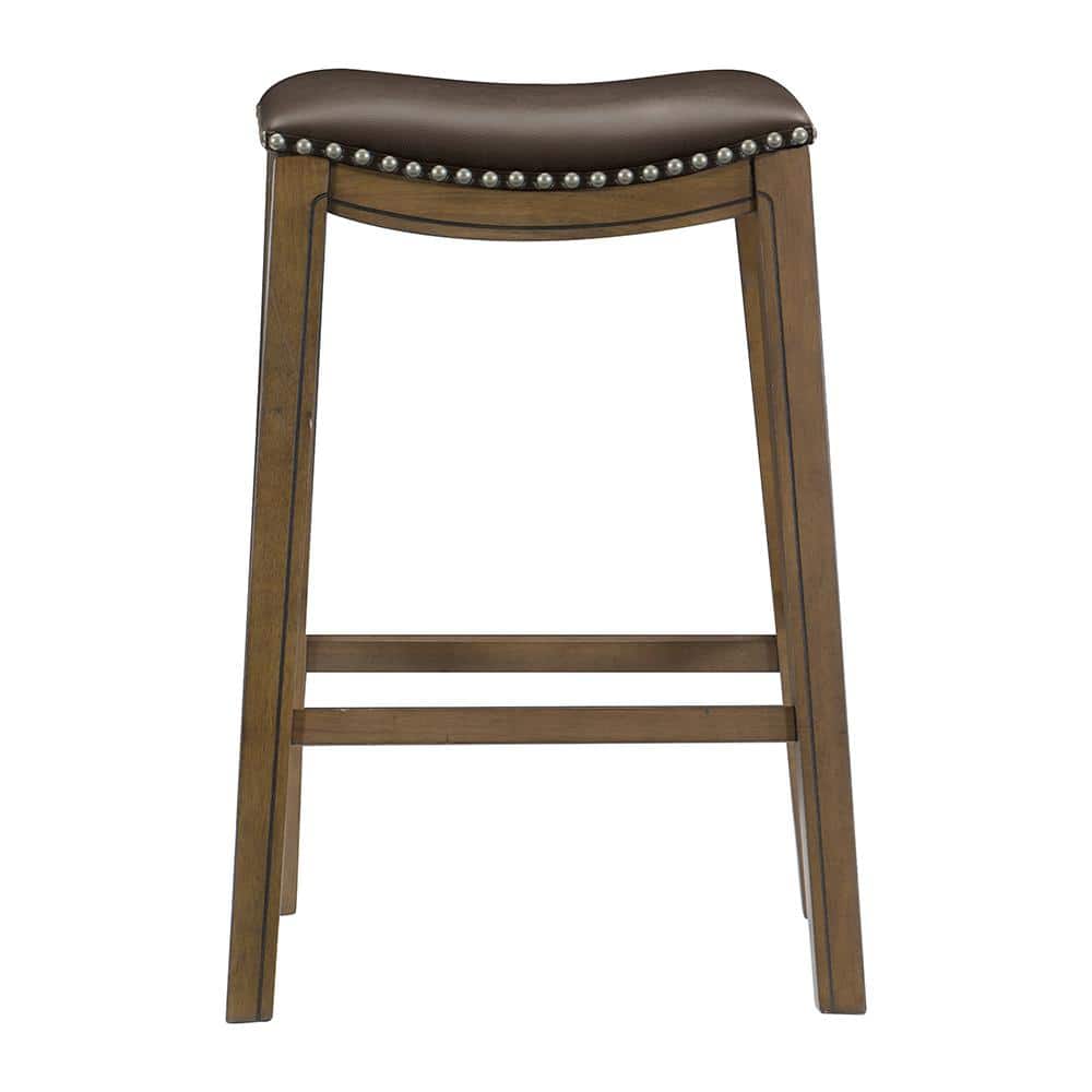 Pecos 30 in. Brown Wood Pub Height Stool with Brown Faux Leather Seat