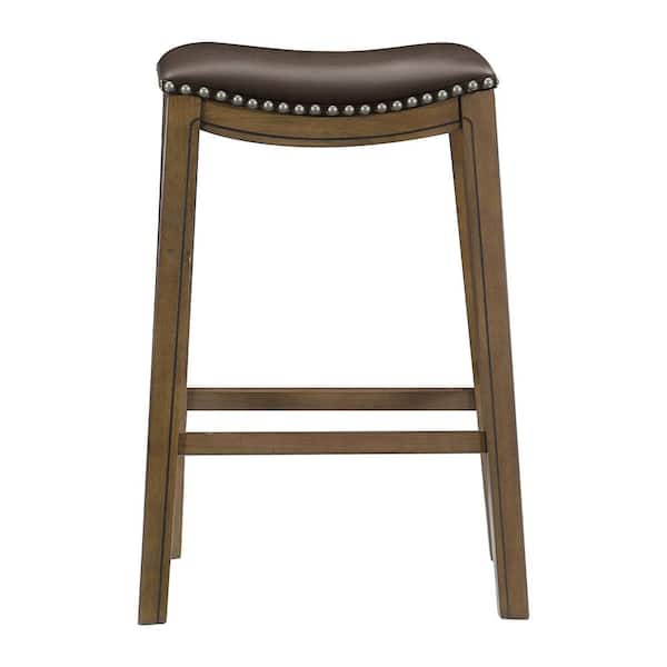 Pecos 30 in. Brown Wood Pub Height Stool with Brown Faux Leather Seat